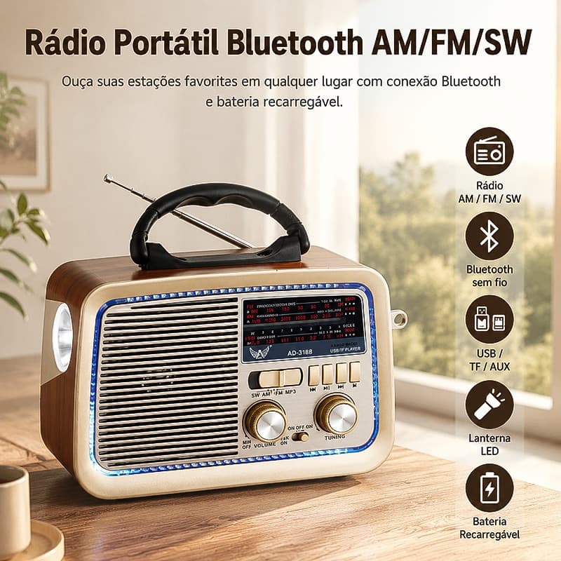 Rádio retrô com Bluetooth, 3 bandas FM/AM/SW, 5 watts