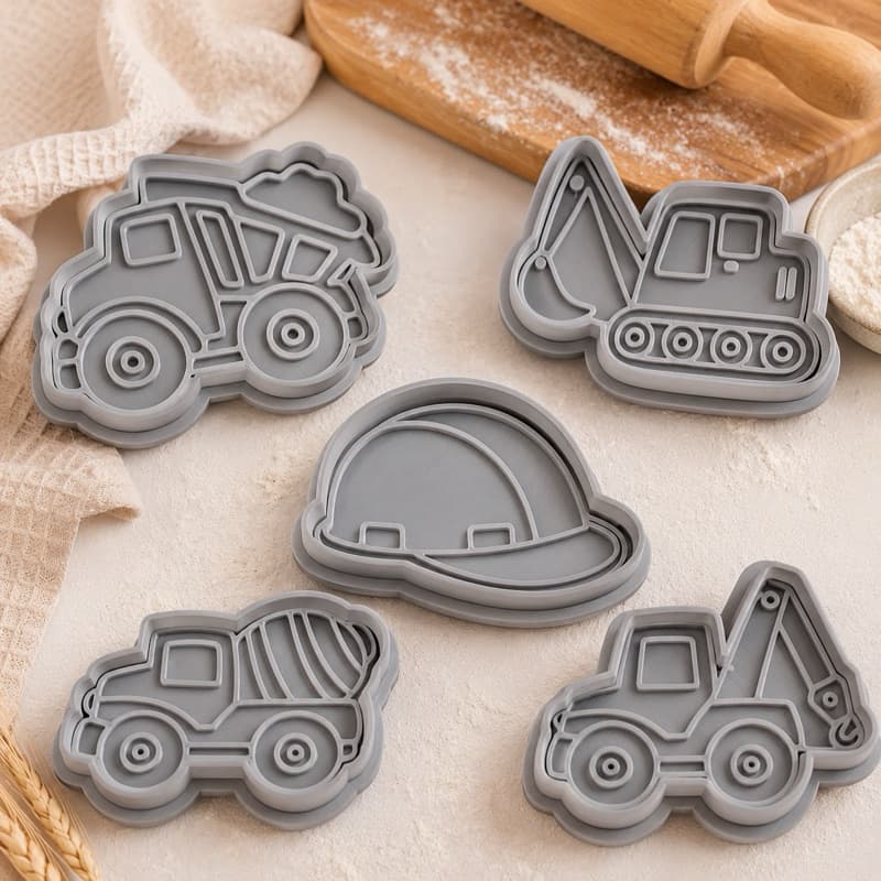 Kit Cortadores de Biscoito  Caminhao de Construção com Carimbo 4 Peças | Escavadeira, Caminhão, Carrinhos de Construção