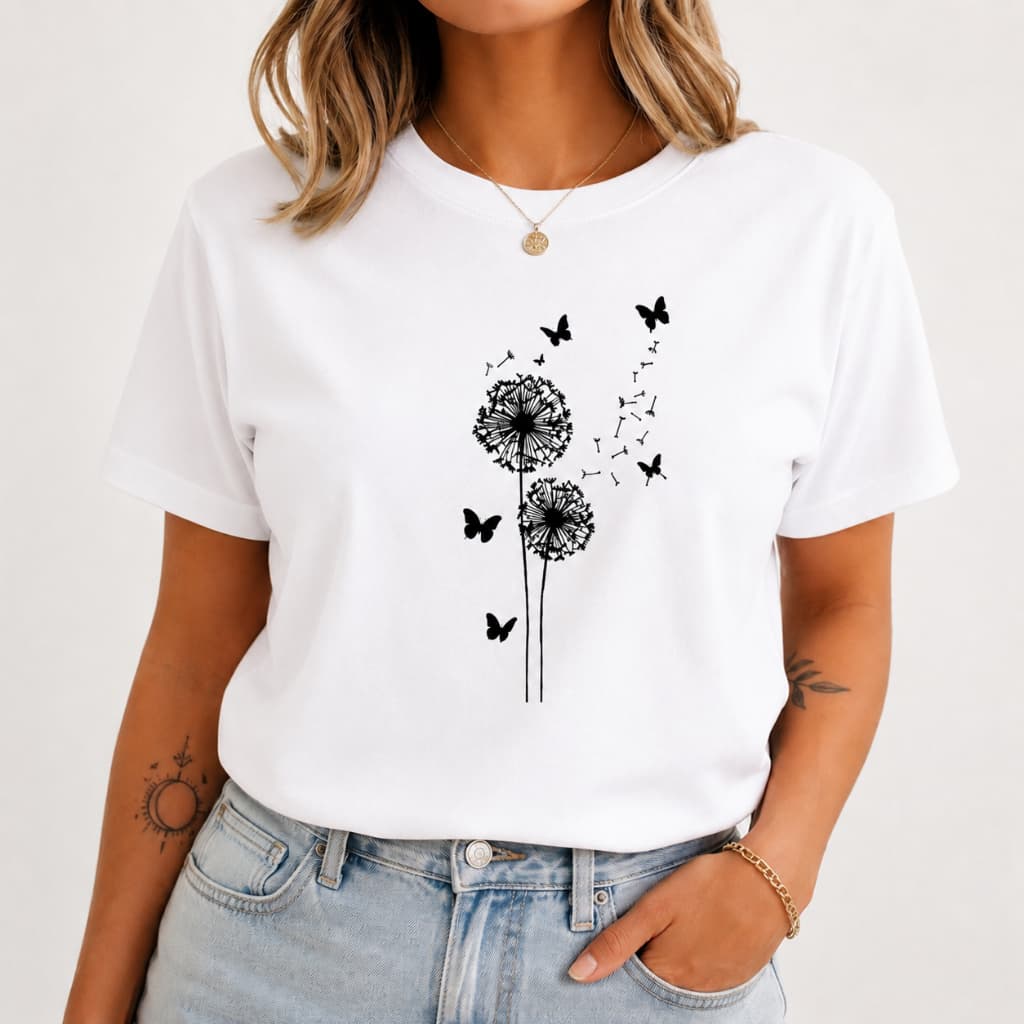 Camiseta Feminina Dente de Leão com Borboletas Minimalista Estampada 100% Algodão Envio Rapido