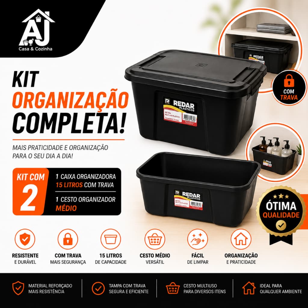 KIT CAIXA ORGANIZADORA 15L COM TRAVA + CESTO ORGANIZADOR MEDIO