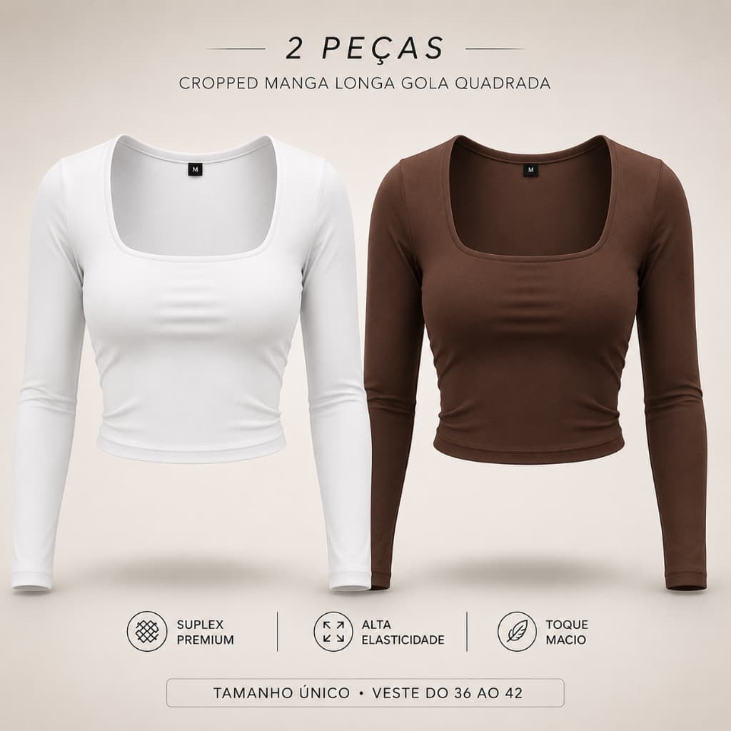 Kit 2 Blusas Cropped Gola Quadrada Manga Longa Suplex Tendencia Final do Ano Casual