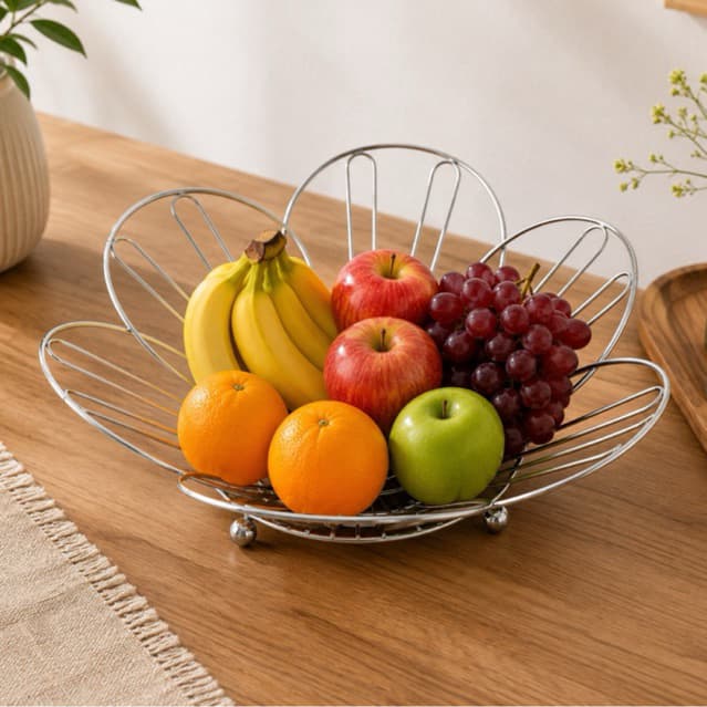 Fruteira de Mesa Flor em Aço Inox Cromado Organizador de Frutas Decorativa para Cozinha