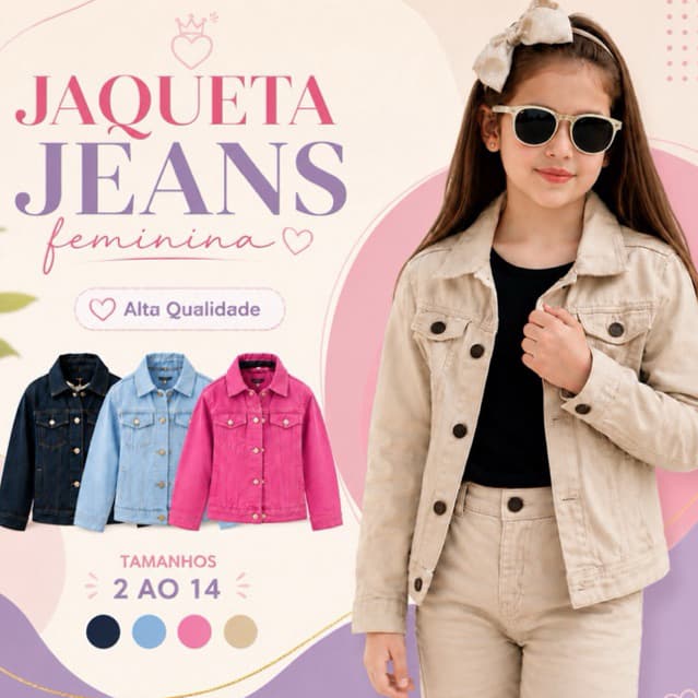Jaqueta Jeans Infantil Feminina Casaco Menina Jeans Azul Claro Escuro Preta Bege