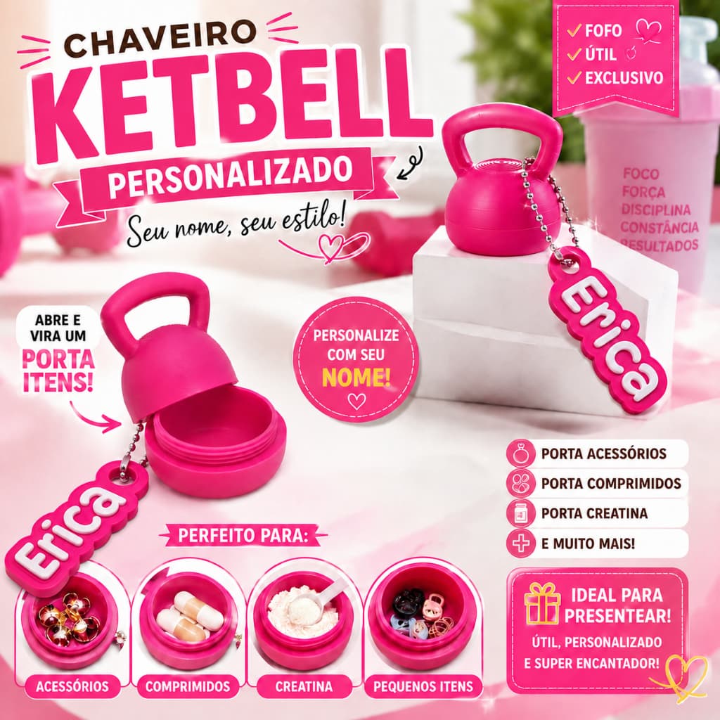 Chaveiro Kettlebell Personalizado com Nome Porta Comprimidos e Acessórios Fitness