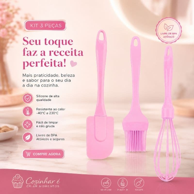 Kit Confeitaria Silicone 3 Peças Art House Fuê Espátula Pincel Culinário Utensílios