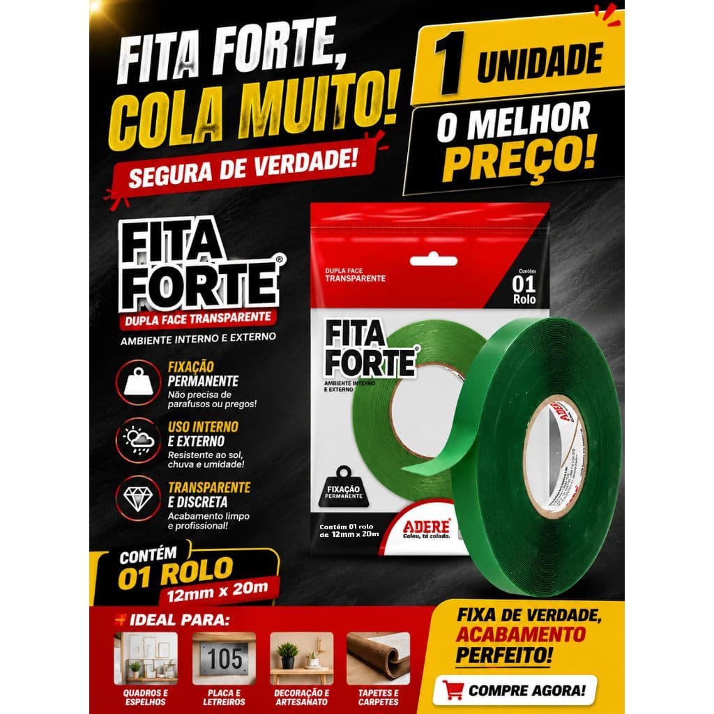 Fita Forte Dupla Face 12mm x 20m Transparente Adere
