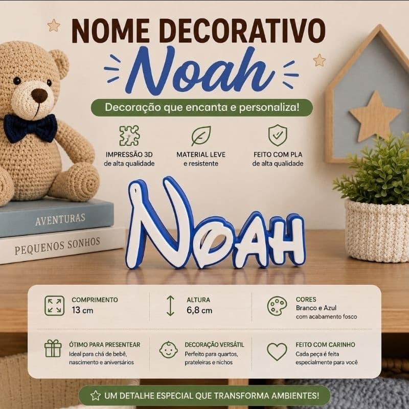 🦕 Nome Decorativo Noah Quarto Bebê Infantil PLA 3D Personalizado Maternidade Decoração Menino Presente