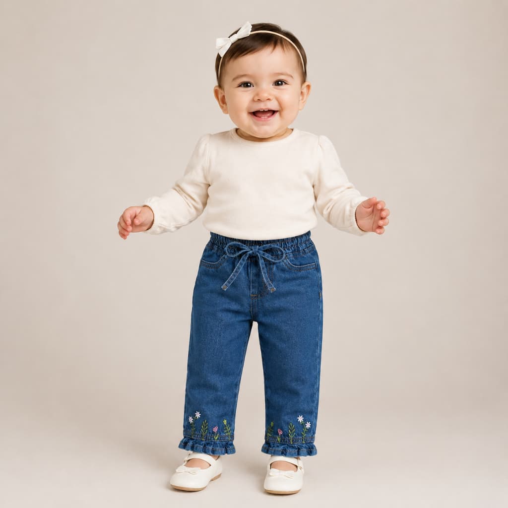 CALÇA JEANS WIDE BORDADO FLORAL BEBÊ MENINA ALGODÃO P, M, G LORDAN