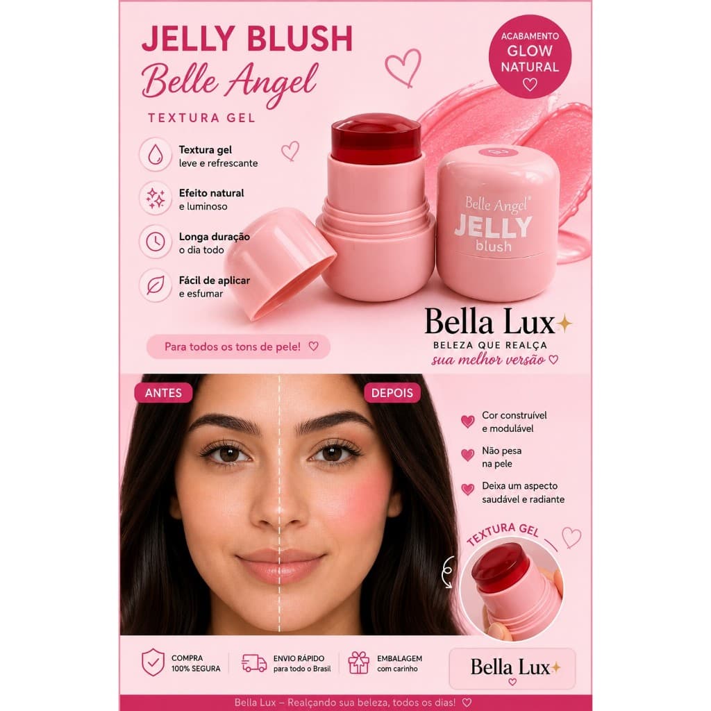 Jelly Blush 3 em 1 Blush, Lip Tint e Sombra Efeito Glow Natural Textura Gel - Belle Angel