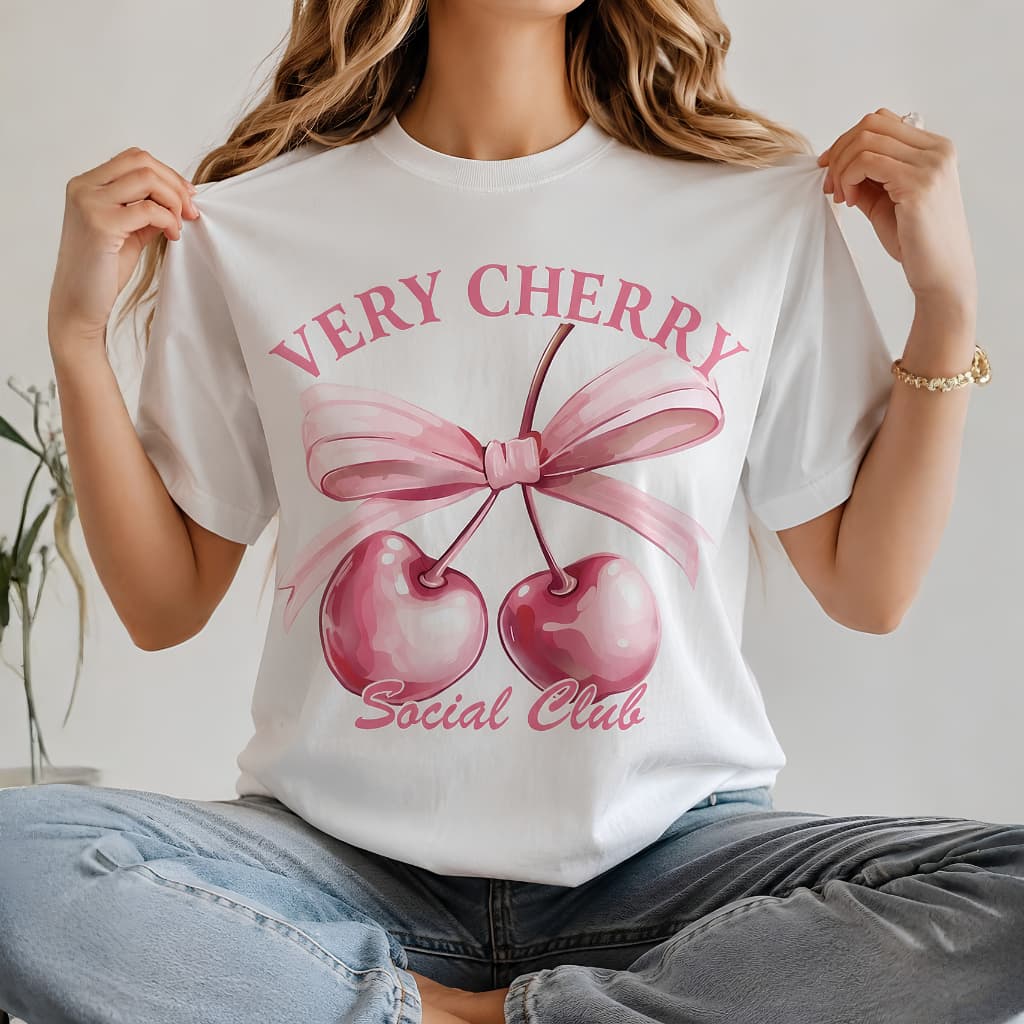 Camiseta Feminina Estampa Cherry Laço Rosa Moda Casual Algodão Fio 30.1