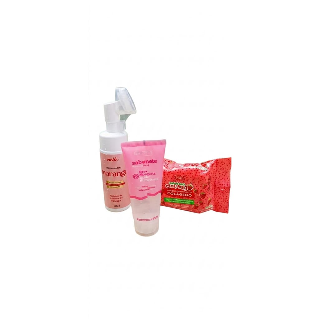 Kit Skincare Morango Completo 3 Itens - Espuma Facial 150ml Nelô + Sabonete Facial Rosa Mosqueta Ácido Hialurônico Griff