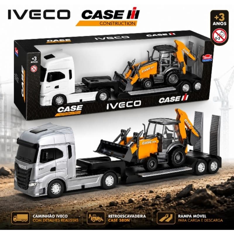 🚛 Caminhão Prancha Iveco com Retroescavadeira – Brinquedo Infantil