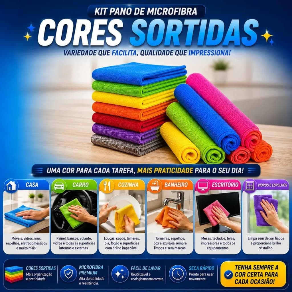 Pano Microfibra Kit 10 Unidades Para Limpeza Faxina Multiuso Lustra Moveis Carros