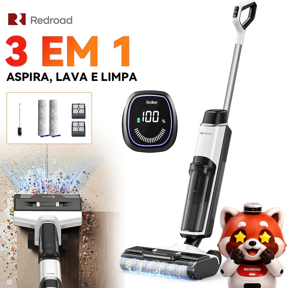 Aspirador Lavador de Piso 3 em 1 200W Redroad W15 Aspira e Lava Autolimpeza Tanque 910ml Tela LED Bivolt 100-240V