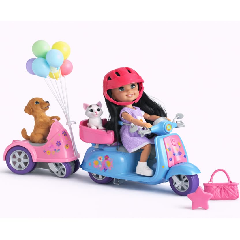 Boneca Scooter com Cachorrinho, Gatinho e Acessórios – Kit Completo!