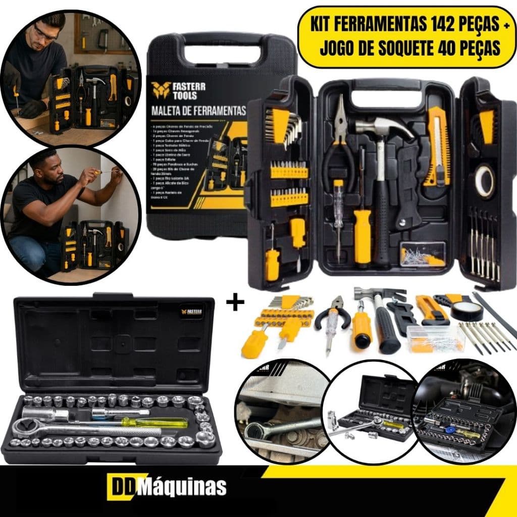 Kit Jogo de Soquetes 1/4-3/8 com 40 Peças + Kit de Ferramentas 142 Peças + Maleta- Fasterr