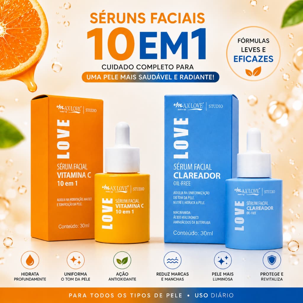 Sérum 10 em 1 Vitamina C e Sérum Clareador 10 em 1 Max Love, Kit Dupla de Alta qualidade
