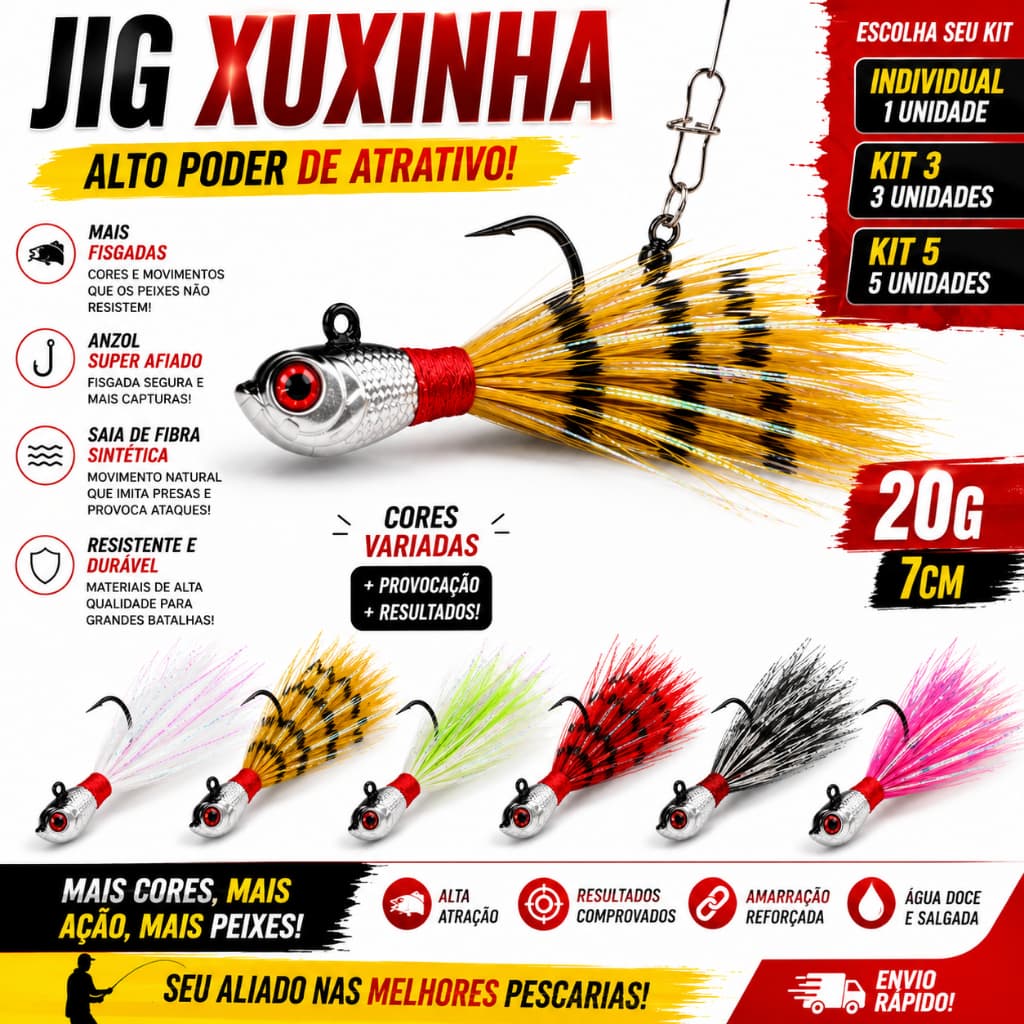 Isca Artificial Jig Xuxinha 20g 7cm Pesca Tucunaré Traíra Robalo Kit 1 3 5