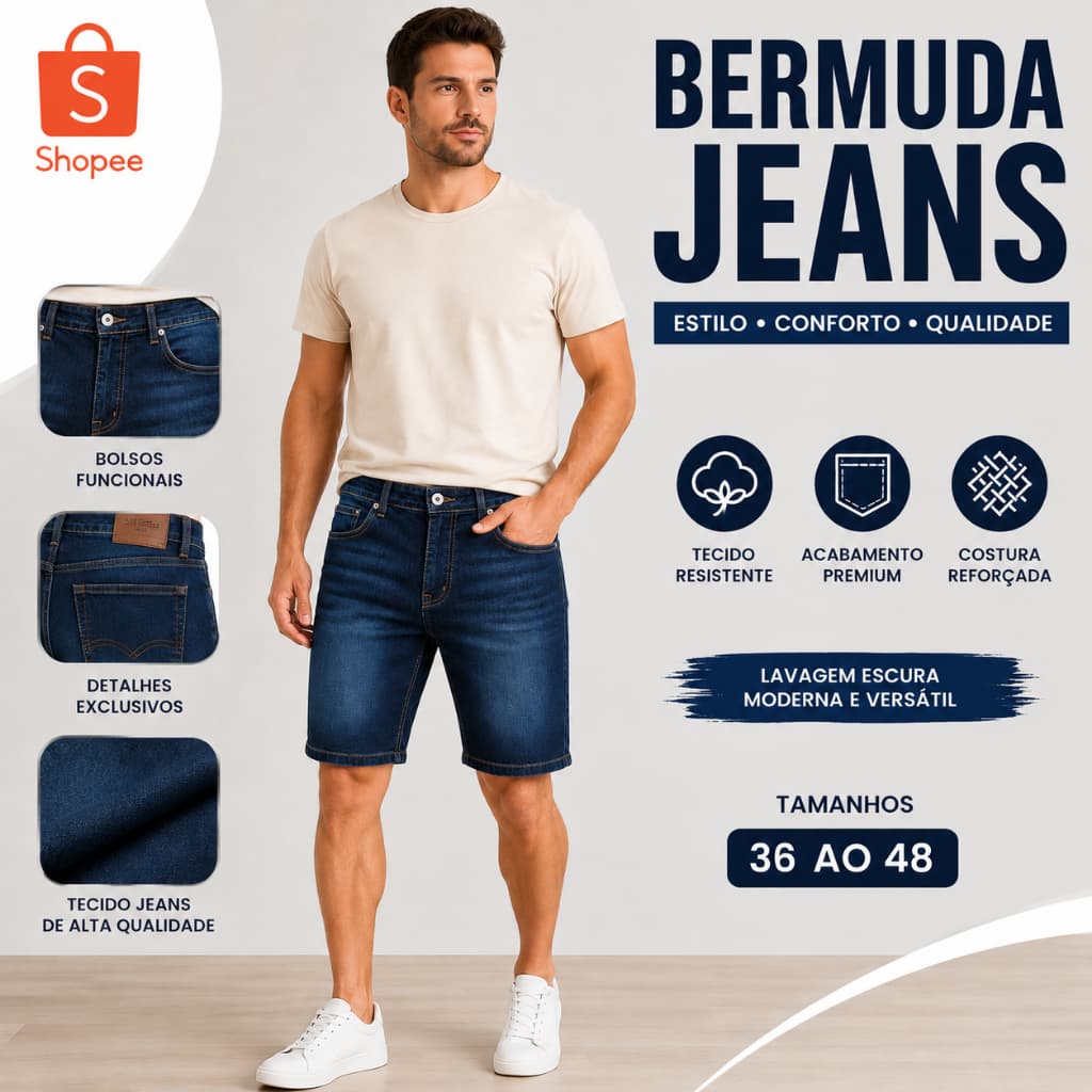 Bermuda Jeans Masculina Confortável Premium Casual