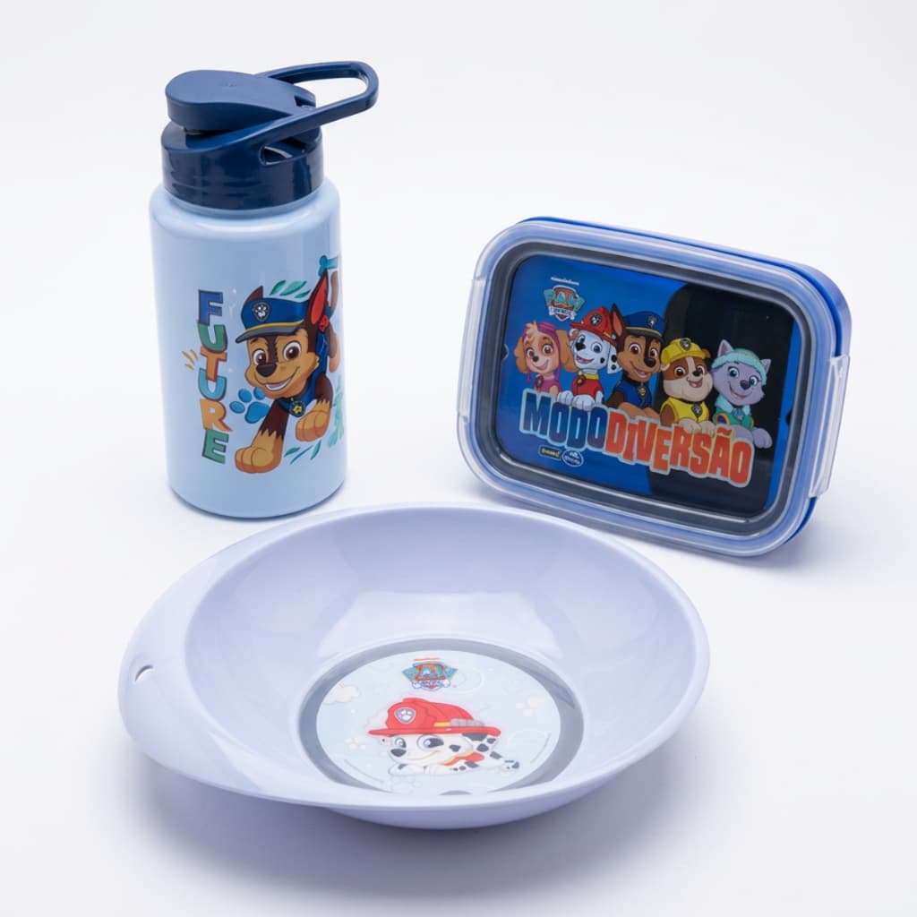 Kit 3 Itens Patrulha Canina Garrafa Marmita Prato Lanche Escolar