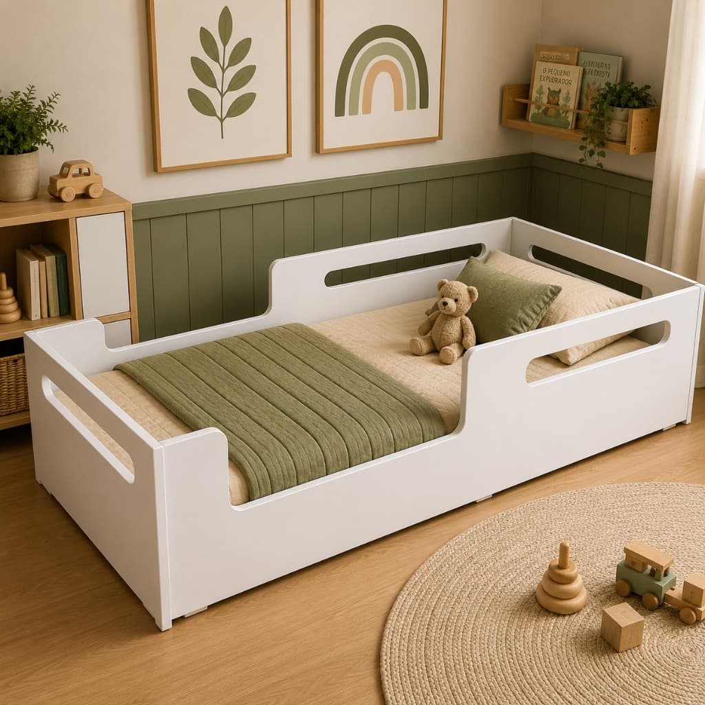 Cama Infantil Solteiro Montessoriano em MDF Unissex Branca com Grades de Proteção Fixa