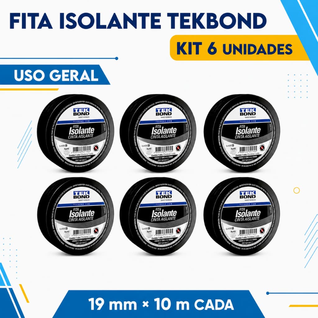 Kit 6 Fita Isolante 19mmX10m Preto Tekbond Antichamas