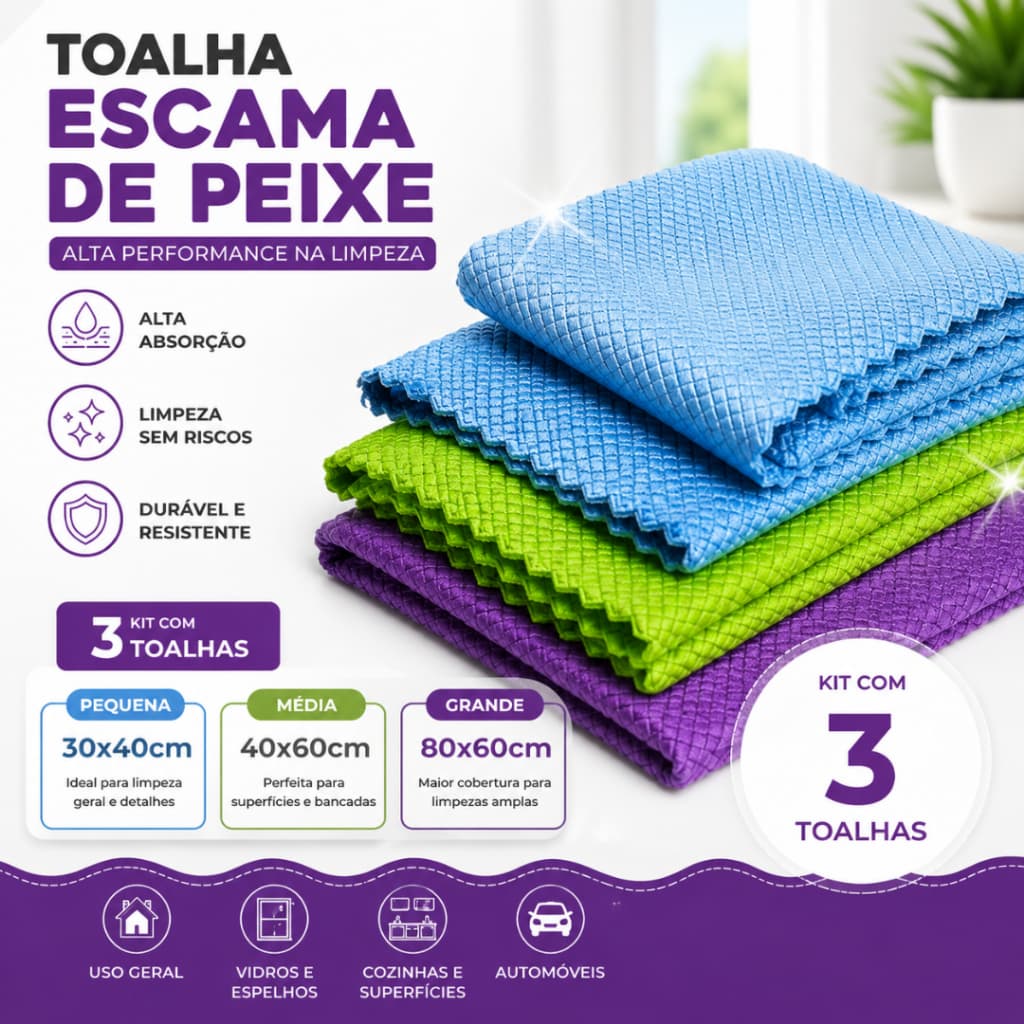 Pano Escama de Peixe Toalha Mágica Microfibra Limpeza de Vidros Espelhos Inox Automóveis