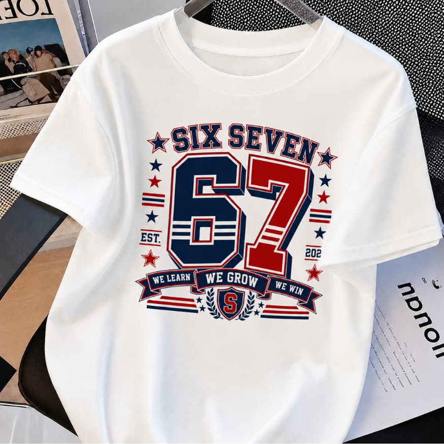 T-Shirt Feminina, Branca Six Seven,  67,Estampa, Colegial, Tendencia, Moda, Dia Dia, Universitaria