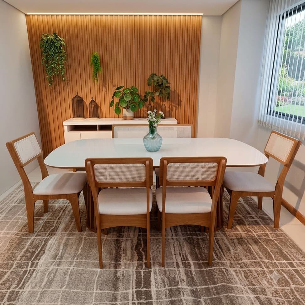 Conjunto Kit Mesa de Jantar Oval 6 Cadeiras Tela no Encosto 100% MDF Branco Bege