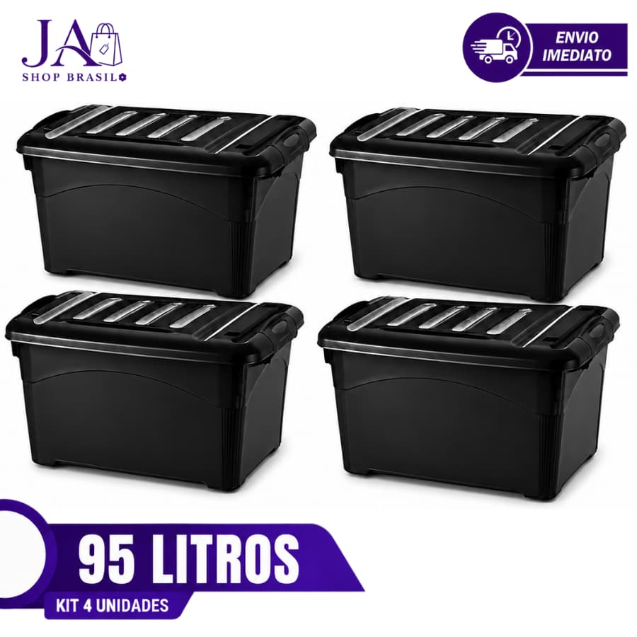 Kit 04 Caixas Organizadoras Preta 95 Litros Plástico Durável Resistente Com Rodinhas e Travas Para Transporte
