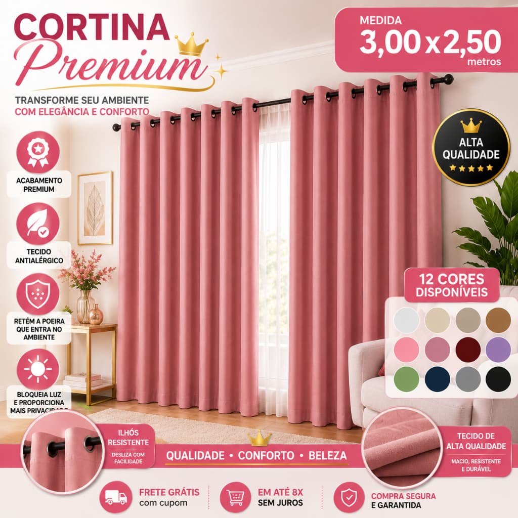 Cortina PREMIUM 3,00x2,50 - Decoração Para Quarto, Sala & Escritório Janela Inteira Ótimo Caimento