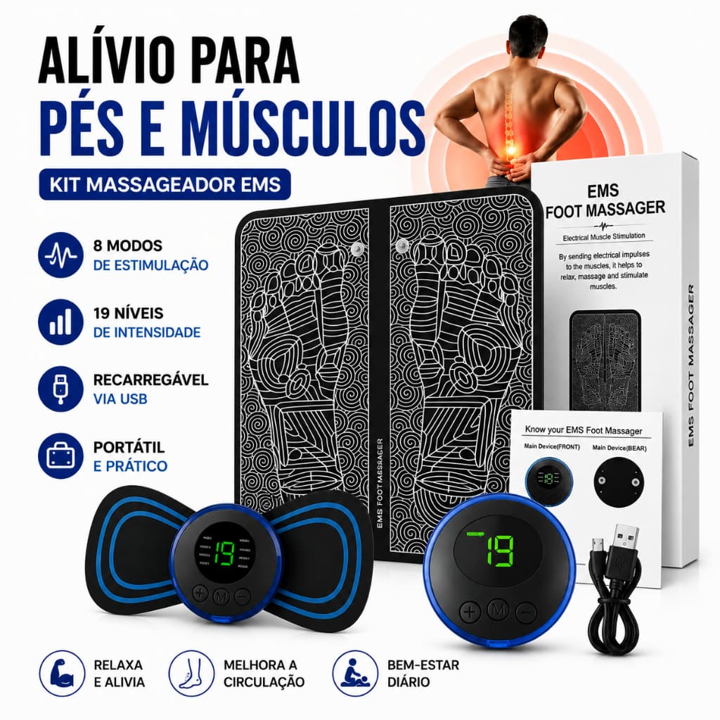 Kit Massageador Elétrico EMS Tapete para Pés e Massageador Muscular Portátil Recarregável USB