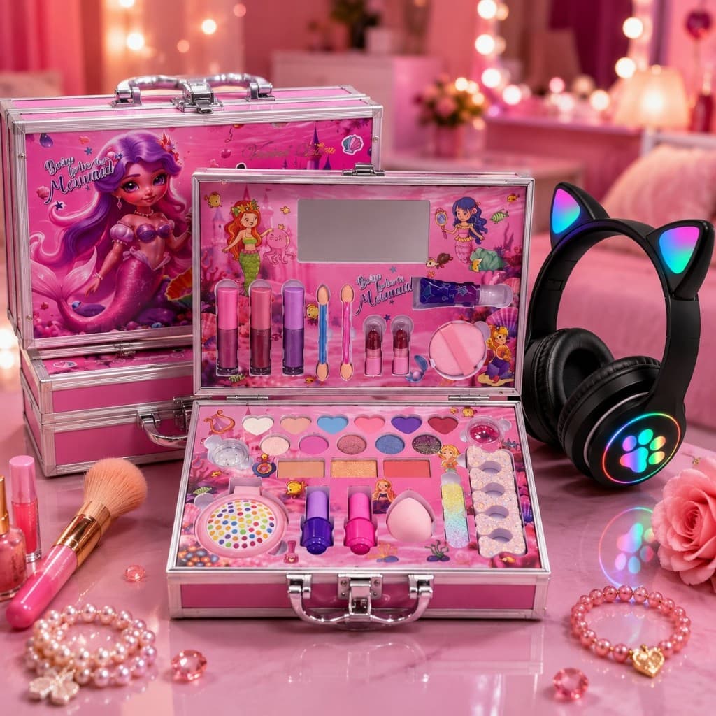 Kit Princesa Premium Maleta Maquiagem + Fone Gatinho Rgb