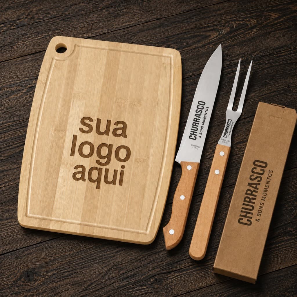 Kit Churrasco Personalizado Presente Dia dos Pais Faca Garfo Tábua Nome Time Logo