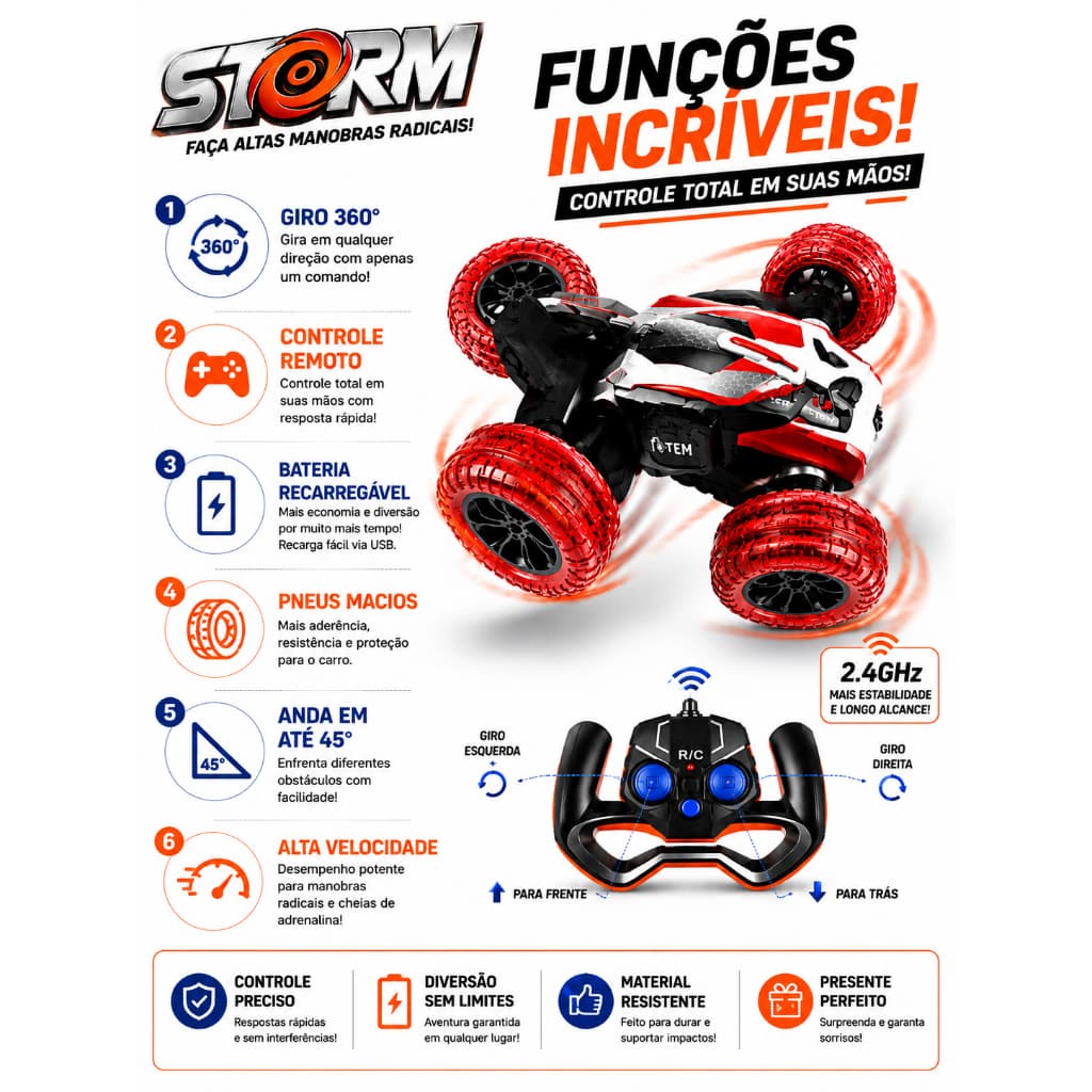 Carrinho Controle Remoto Stunt 360° Recarregável USB Pneus Macios Giro Radical