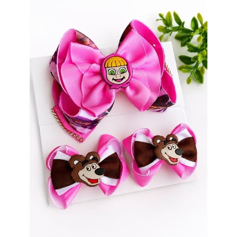 Kit Laços Masha e o Urso Infantil – 1 Laço G + Par de Laços Pequenos | Acessório de Cabelo para Meninas