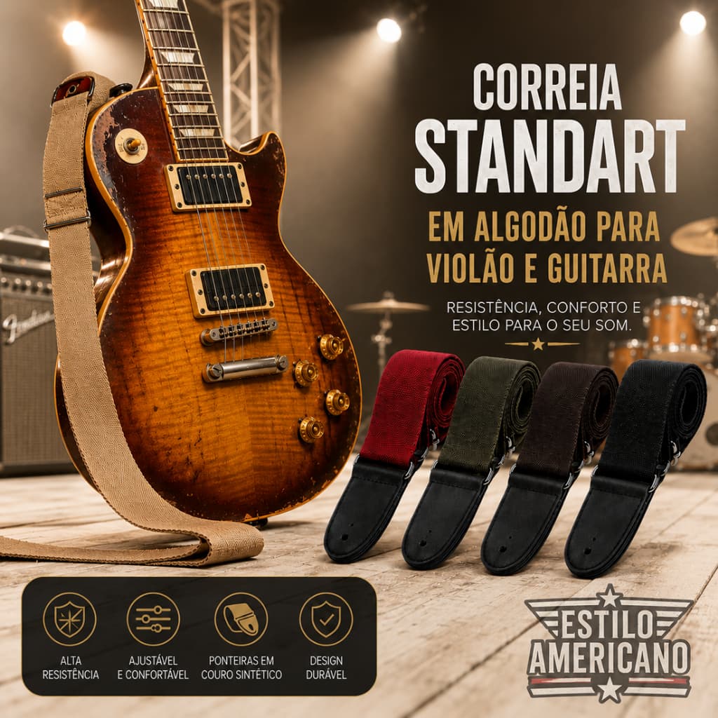 Correia para Violão e Guitarra em Algodão com Regulagem Ajustável Confortável com Ponteiras Reforçadas Cores Variadas