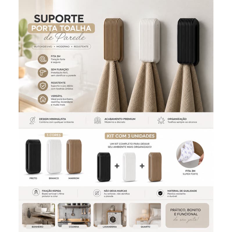 kit Suporte Porta Toalha de Parede Autoadesivo com Fita 3M | Organizador Minimalista