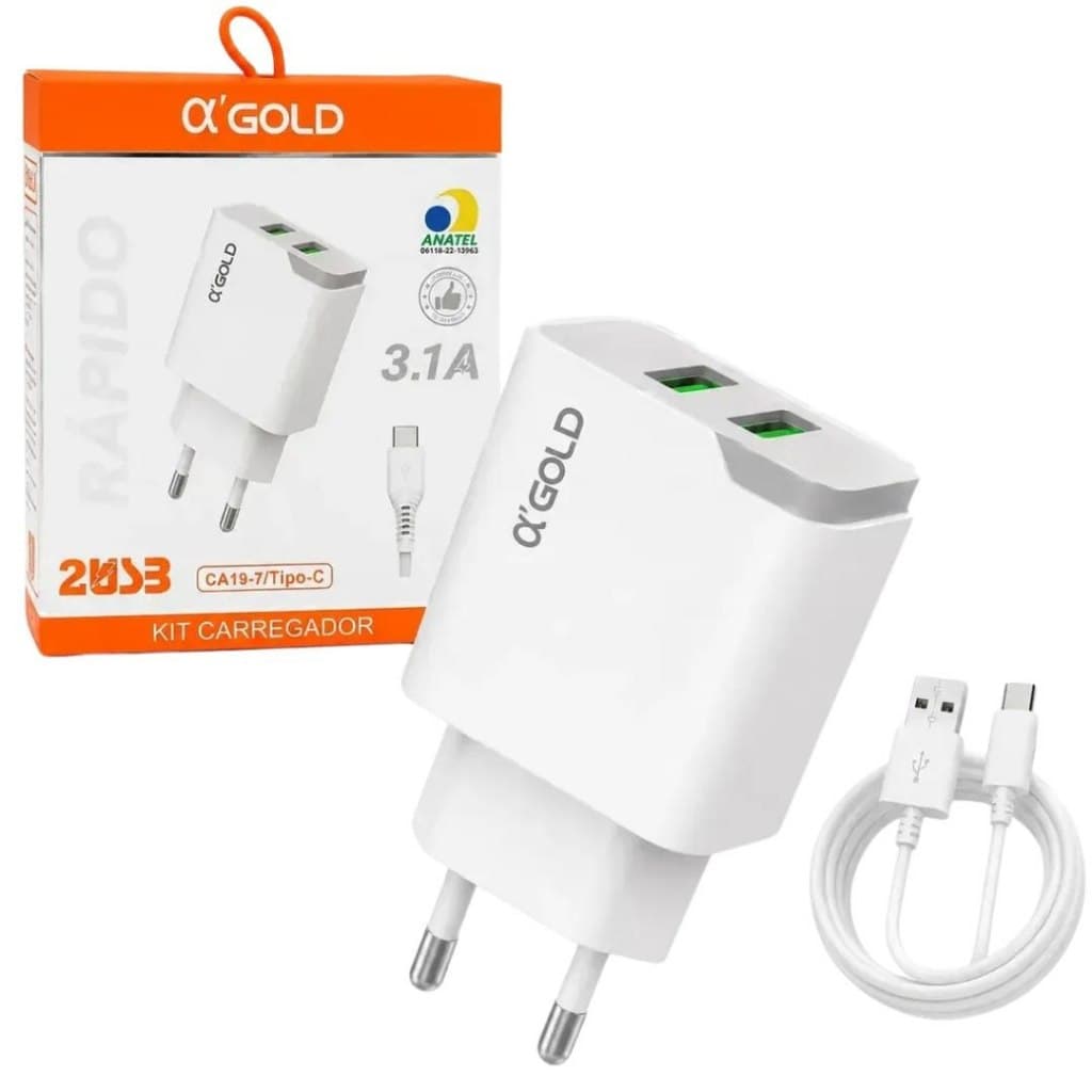 Carregador Turbo Celular Tipo C A'Gold Kit Completo Fonte 2 Entradas USB Rápido 3.1A