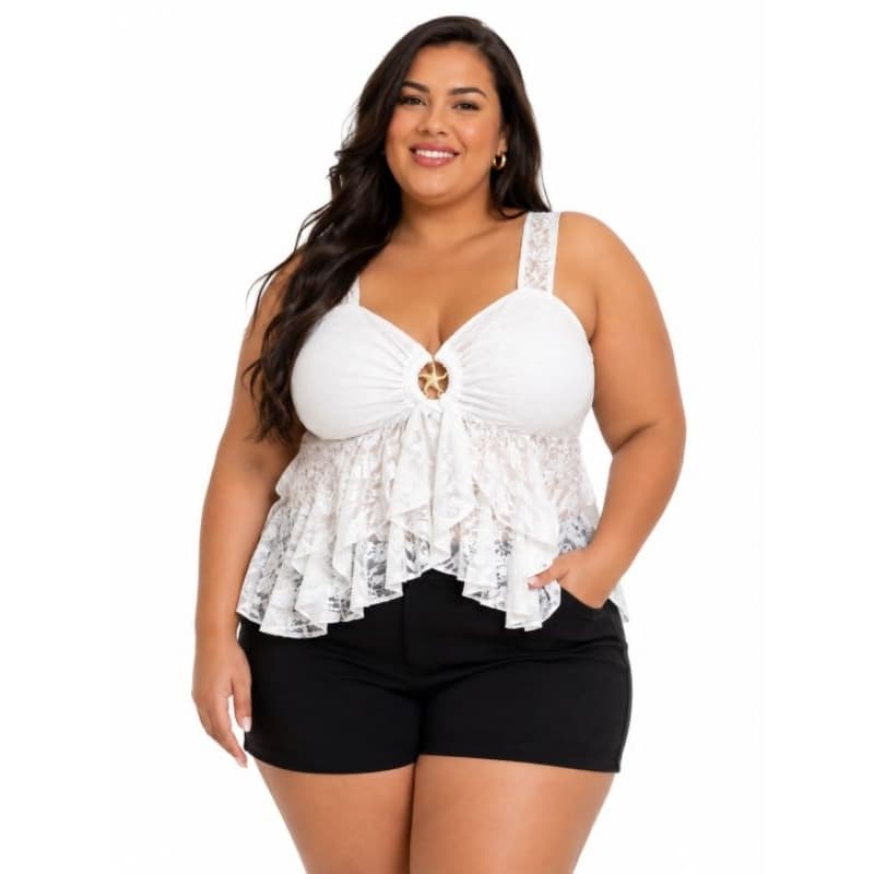 blusa femenina en renda plus size elegante con babado