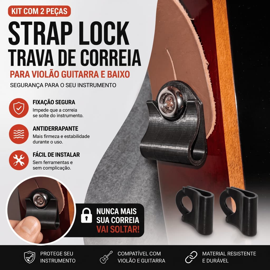 Strap Lock com trava de Cabo para Guitarra/Baixo/Violão/ Trava de correia - Disponivel em Cores! Straplock Universal