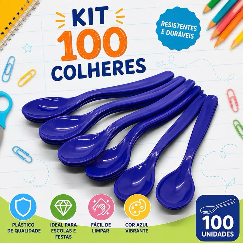 Kit 100 Colher Escolar Plástica Azul Bic 7ml Alta Qualidade Creche Escola Merenda 1213