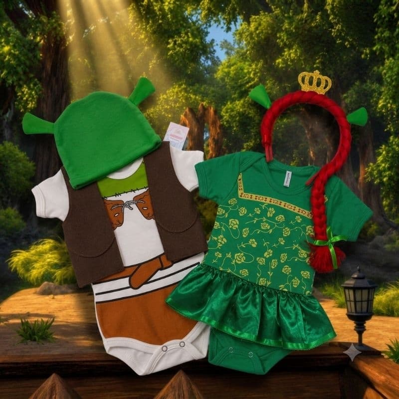 Body Bebê Shrek Com Touca Fiona Com Saia e Laço Fantasia Mesversário Ensaio Fotográfico Promoção Bory