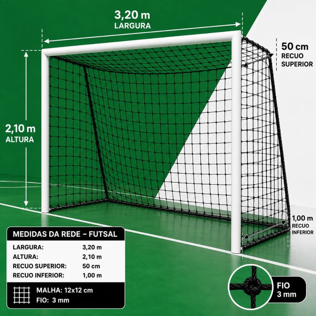 Par Rede de futsal em polipropileno com tratamento UV  espessura do fio 3mm