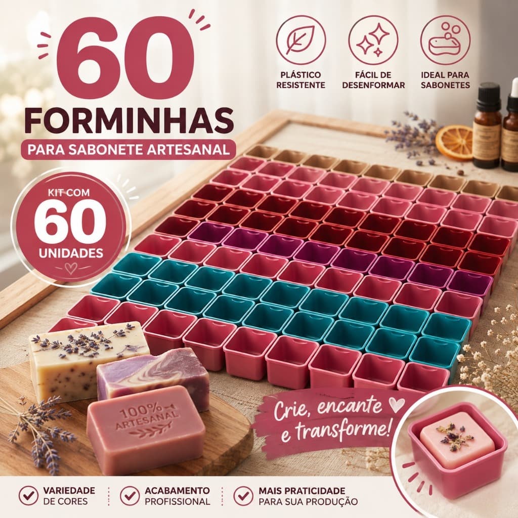 Kit 60 Formas Sabão e Sabonete Artesanal 250ml Plástico Reforçado Molde Barra Multiuso Com Tampa