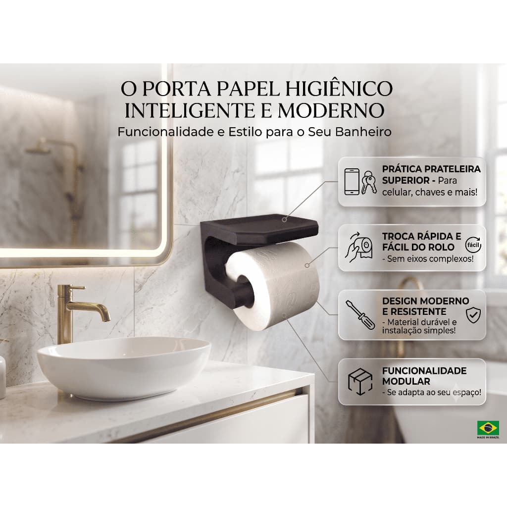 Porta Papel Higiênico com Prateleira | Suporte para Banheiro de Parede | Organizador Moderno