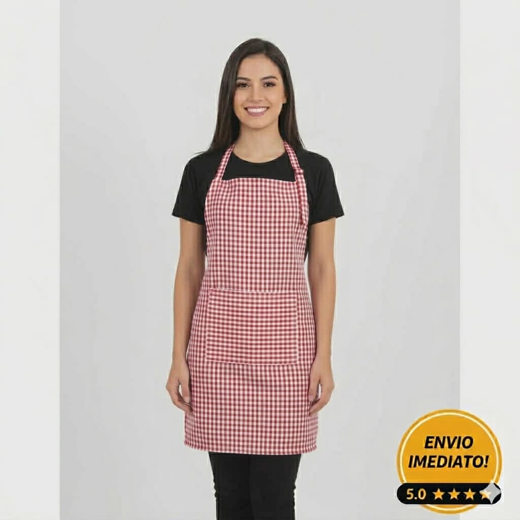 Avental Xadrez vermelho Oxford Cozinha Profissional com Bolso Regulador Reforçado Chef