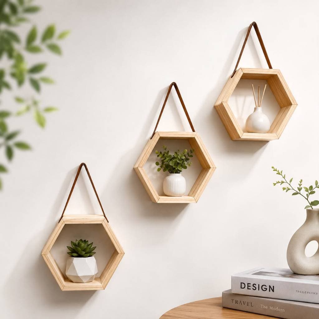 Kit 3 Nichos Colmeia Premium Decorativos em Pinus com Alça de Couro | Prateleira de Parede para Sala, Quarto e Banheiro