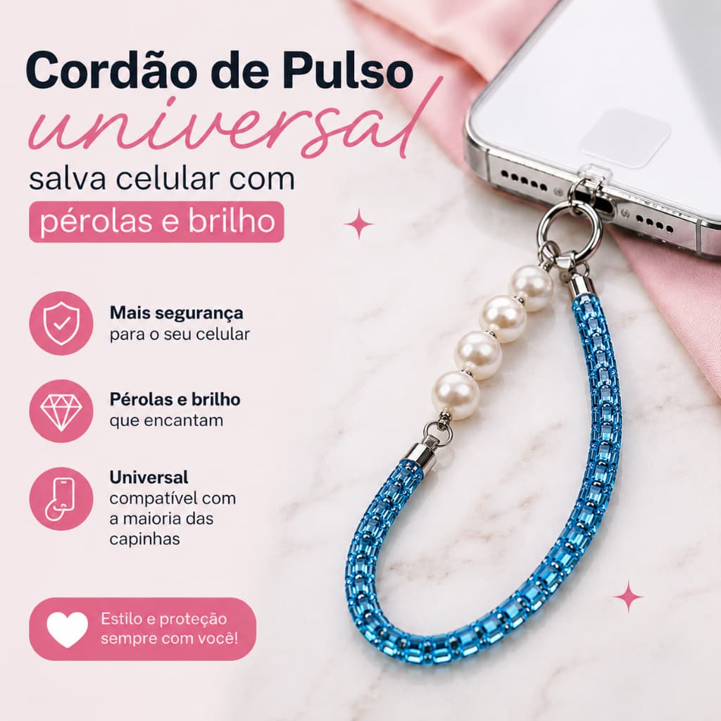 Cordão para Celular Universal Pérolas | Alça de Pulso Charm para Capinha Anti Queda Brilho Elegante