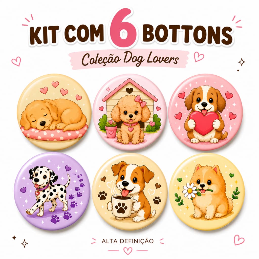 Kit 6 Bottons Dog Lovers | Botons de Cachorro 44 mm | Coleção Fofa para Mochila, Ecobag, Jaqueta e Boné Cães
